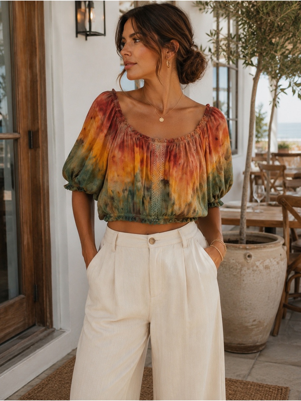 Solemio Boho Tie Dye Puff Sleeve Cropped Blouse Rayon Coastal Chic Rust Size L